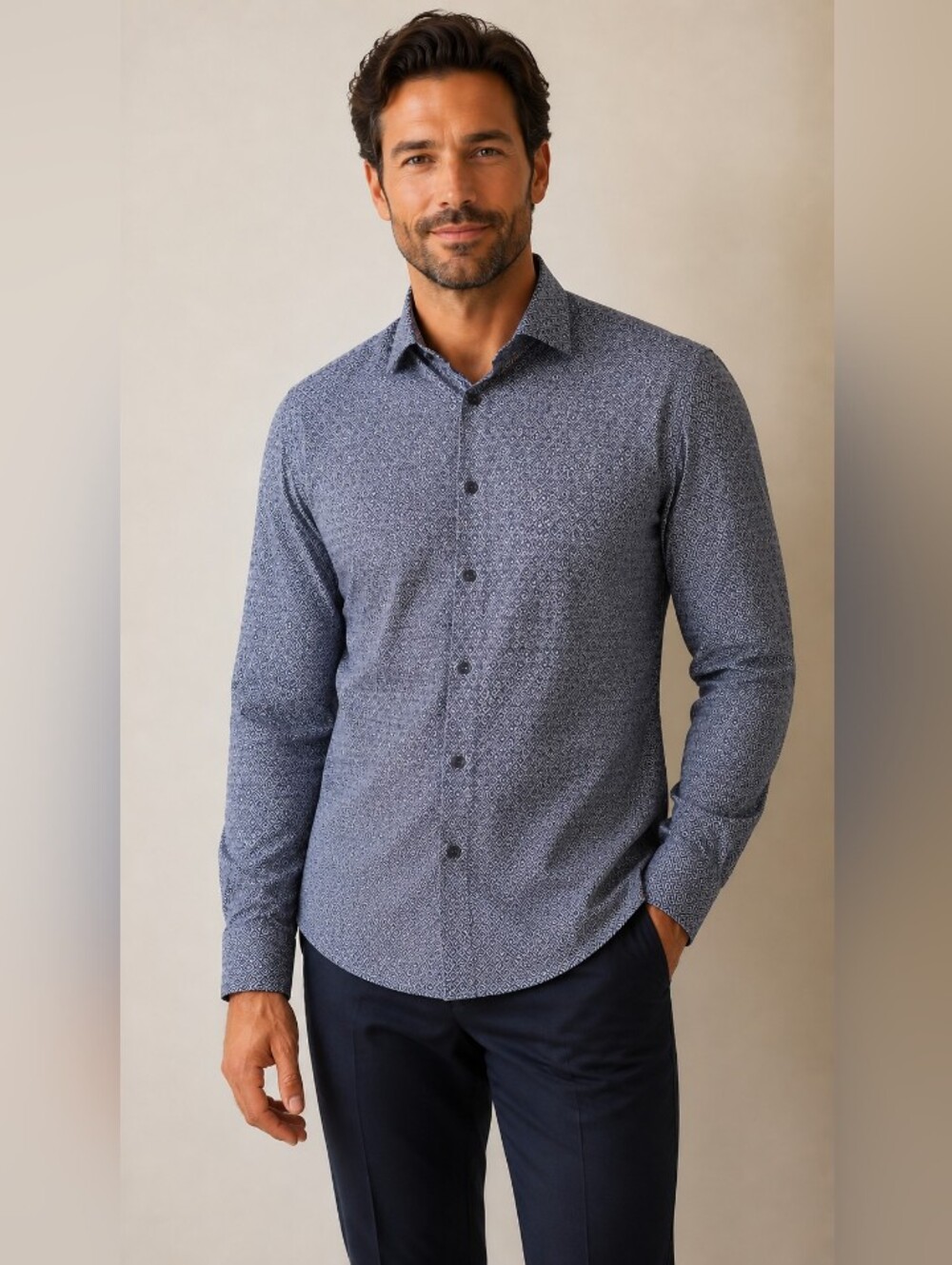 NWT Large Men's Long-Sleeve Blue Print Button-Down Shirt